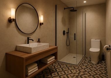 Modern bathroom with vanity and walk-in shower - Beautiful Homes
