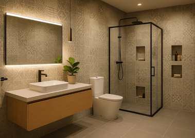 Bathroom with floating vanity and enclosed shower - Beautiful Homes