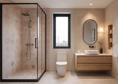 Modern bathroom with wooden vanity and shower - Beautiful Homes