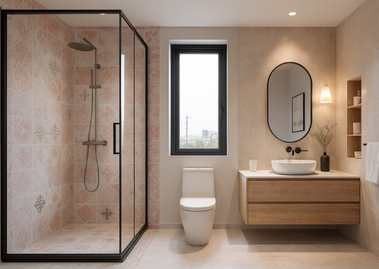 Modern bathroom with wooden vanity and shower - Beautiful Homes