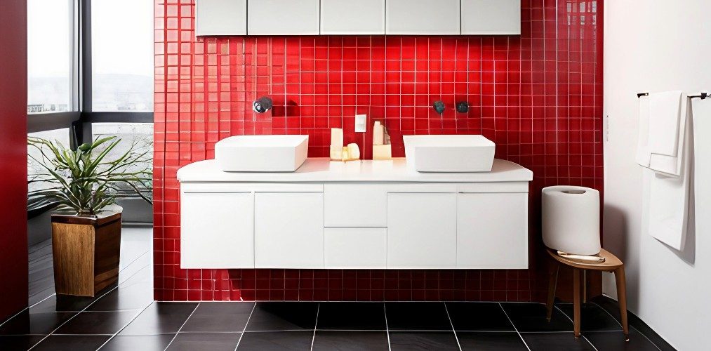 Modern bathroom with red tiles and white vanity-Beautiful Homes