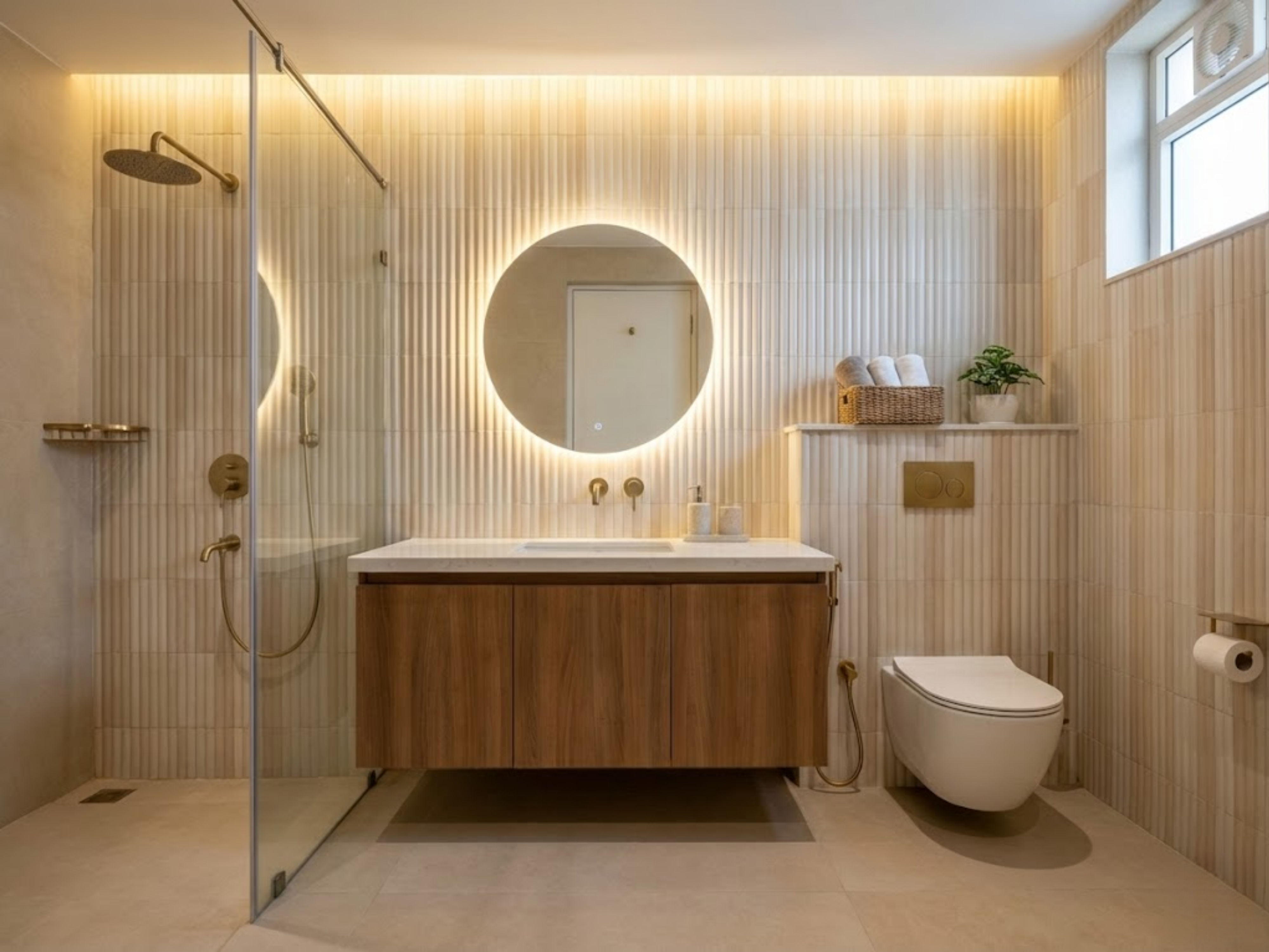 Modern bathroom with floating vanity and backlit mirror - Beautiful Homes