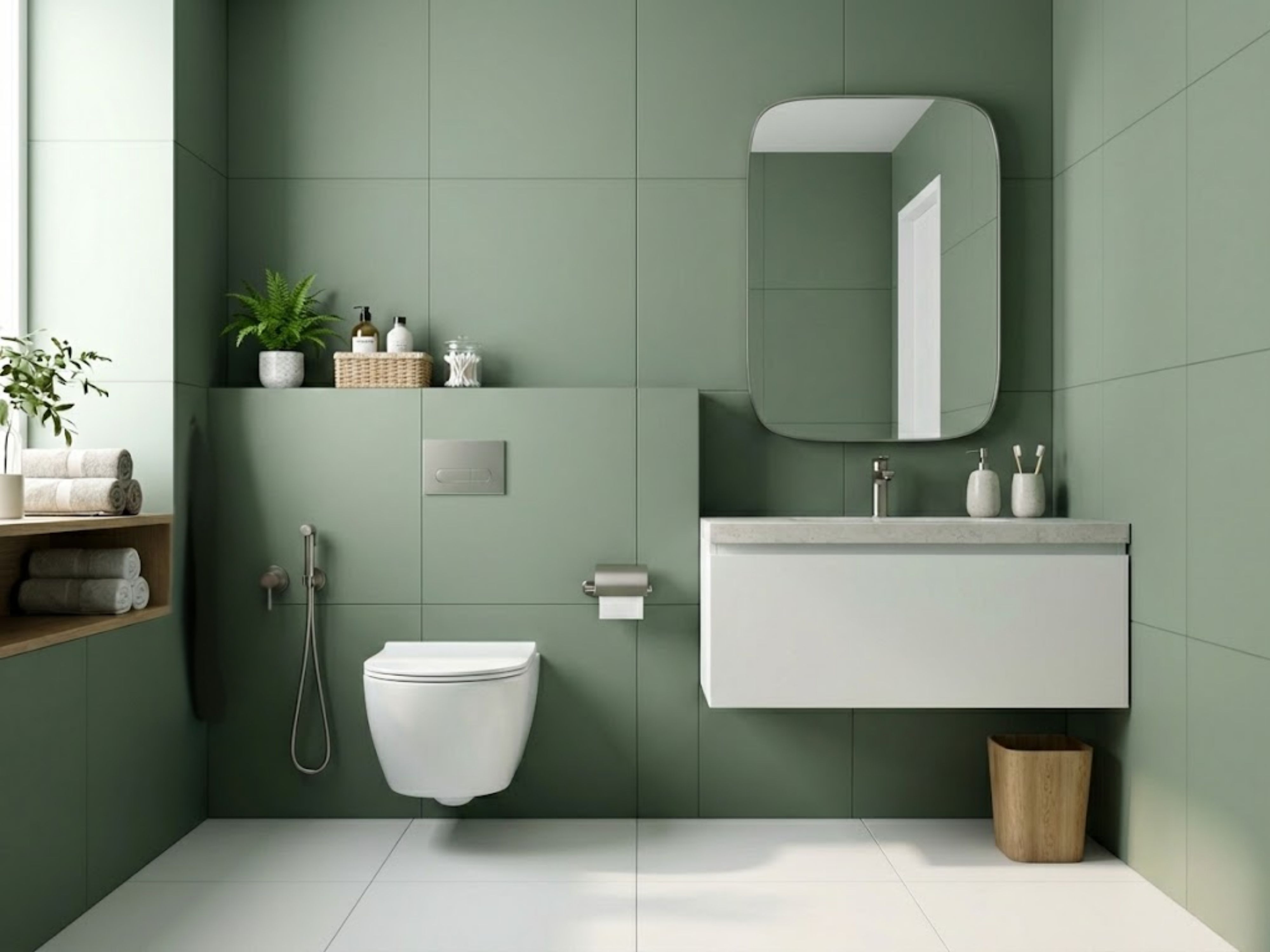 Bathroom with green walls and floating vanity - Beautiful Homes
