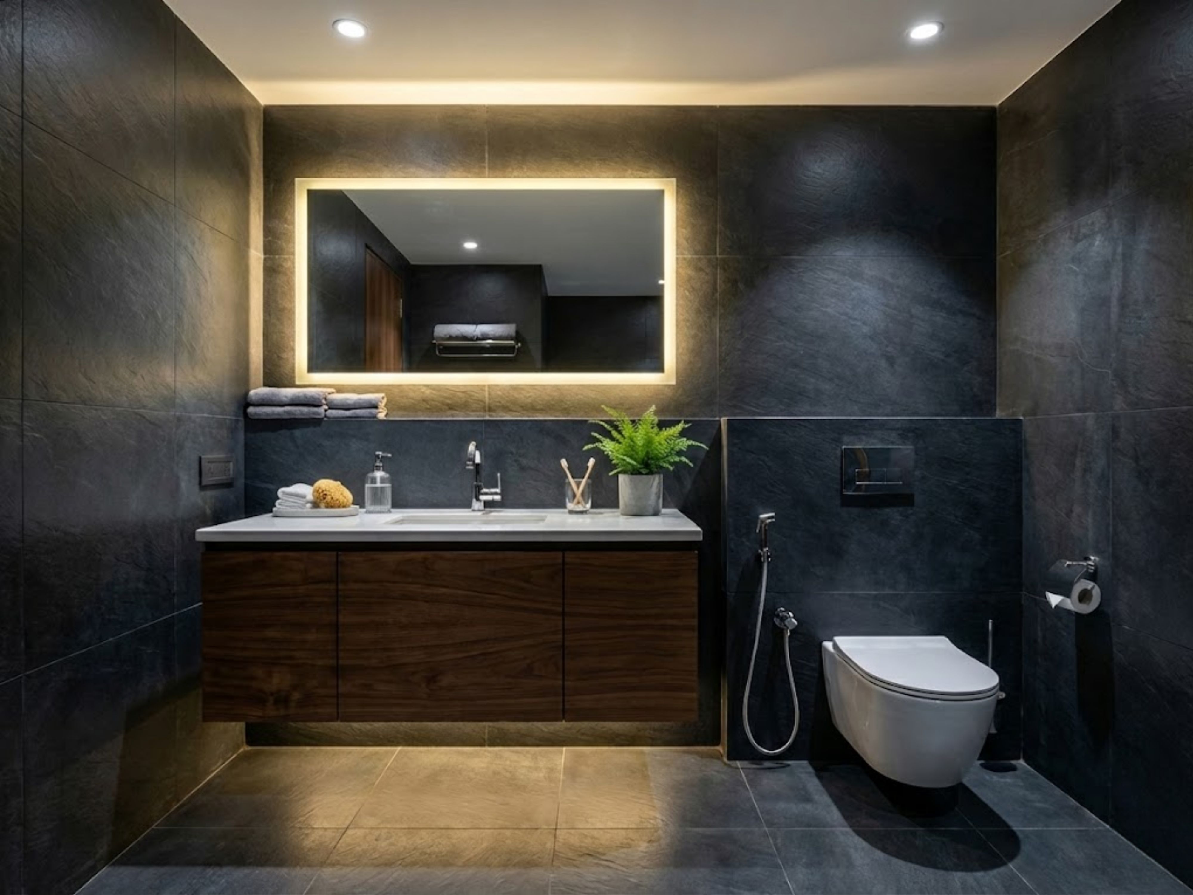 Modern bathroom with dark tiles and illuminated mirror - Beautiful Homes
