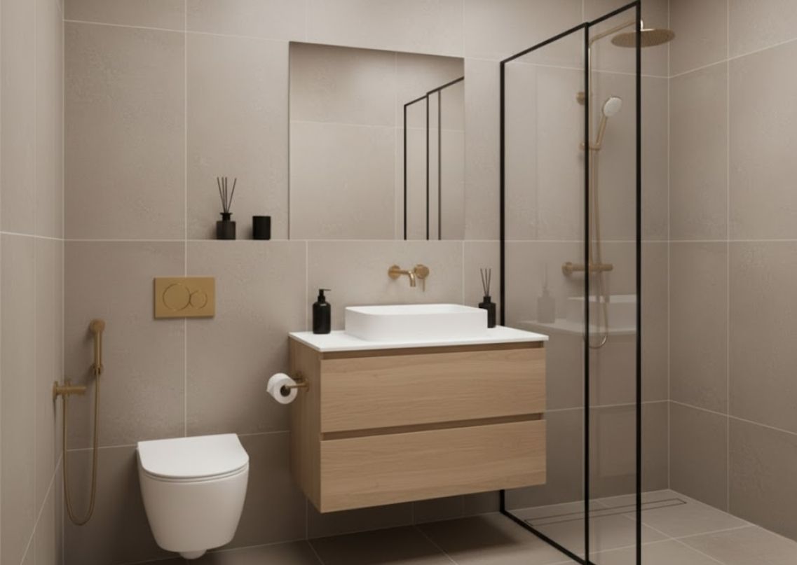 Modern bathroom with beige tiles and gold fixtures - Beautiful Homes