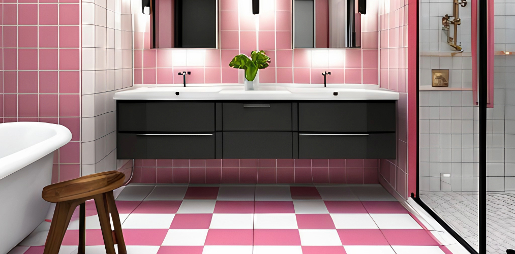 Modern bathroom with white and pink tile patterns-Beautiful Homes