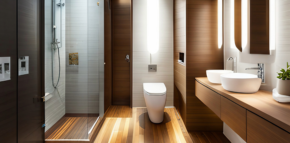 Modern bathroom with wooden tiles-Beautiful Homes