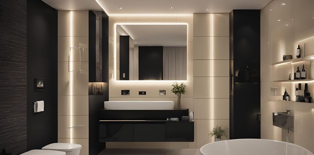 Modern black and cream spacious bathroom with lit rectangular mirror - Beautiful Homes