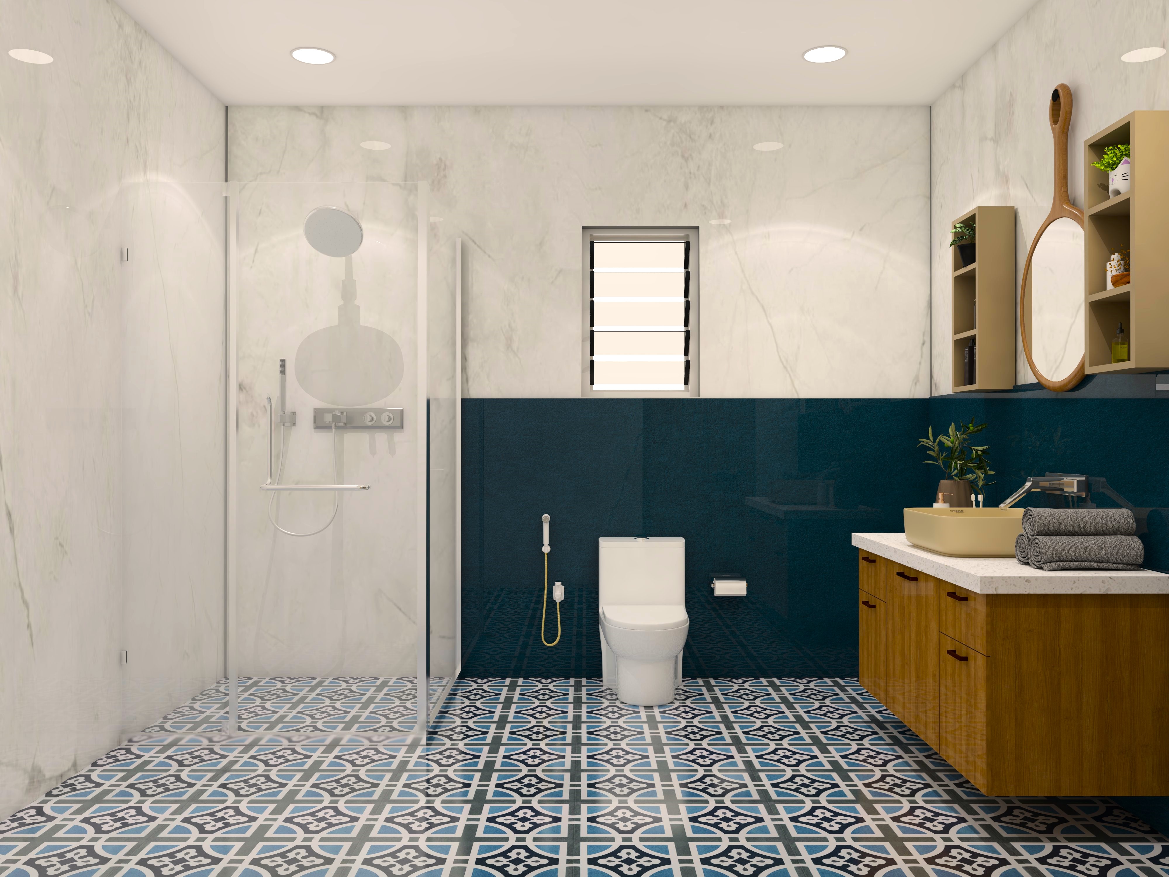 White and blue bathroom with designer tiles and shower panel-Beautiful Homes