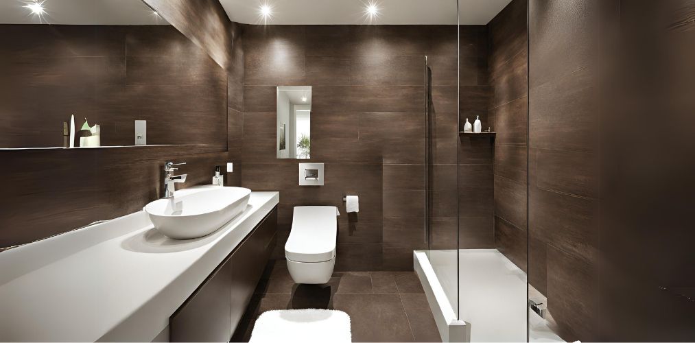 Modern brown bathroom with white vanity unit-Beautiful Homes