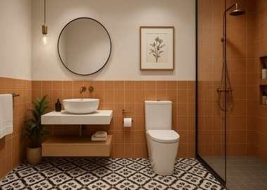 Bathroom with terracotta tiles and patterned flooring - Beautiful Homes