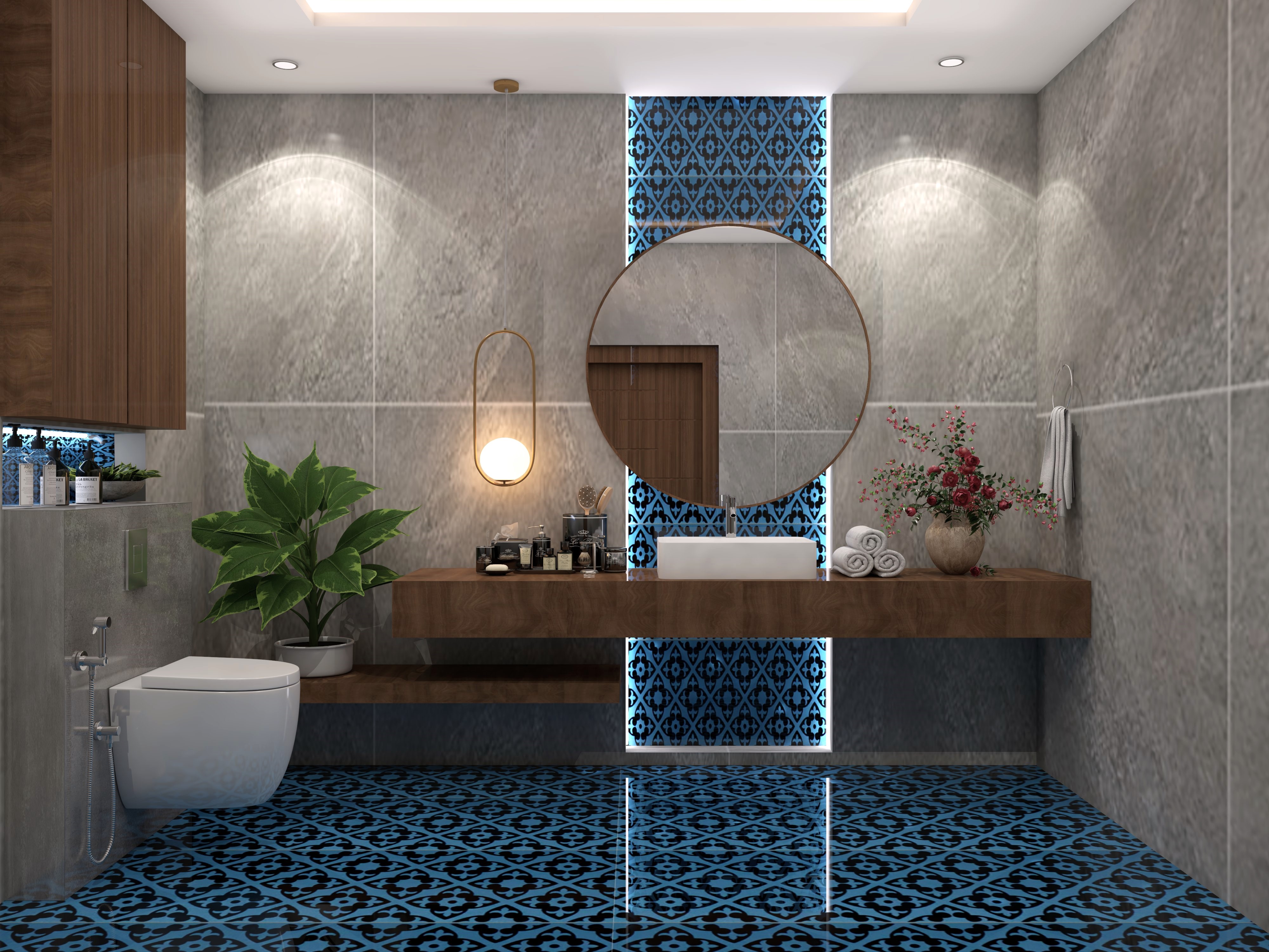 Modern contemporary bathroom with Asian Paints grey and blue printed tiles and bath fittings - Beautiful Homes