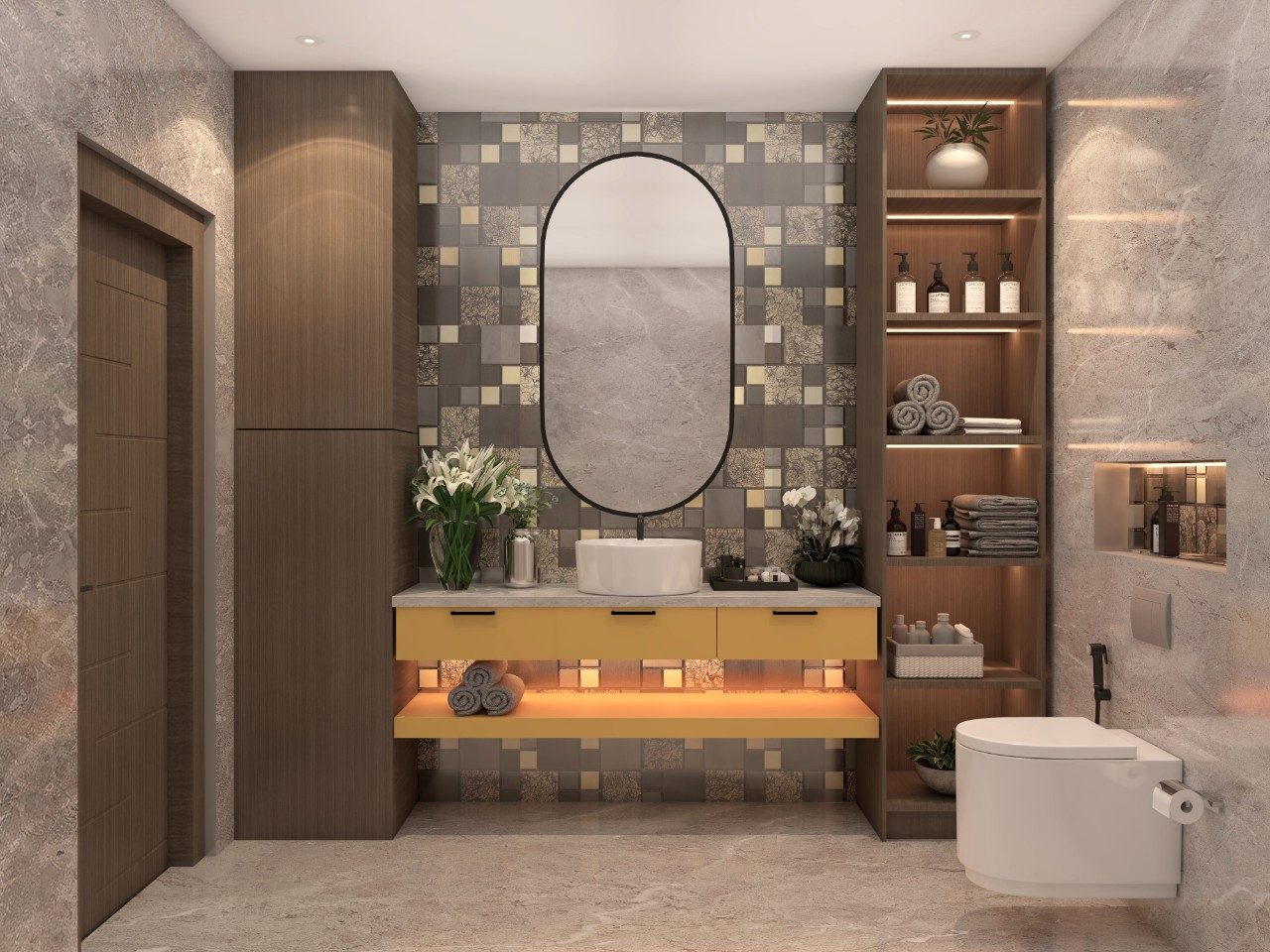 Modern contemporary bathroom with Asian Paints grey brown marble tiles and capsule mirror - Beautiful Homes