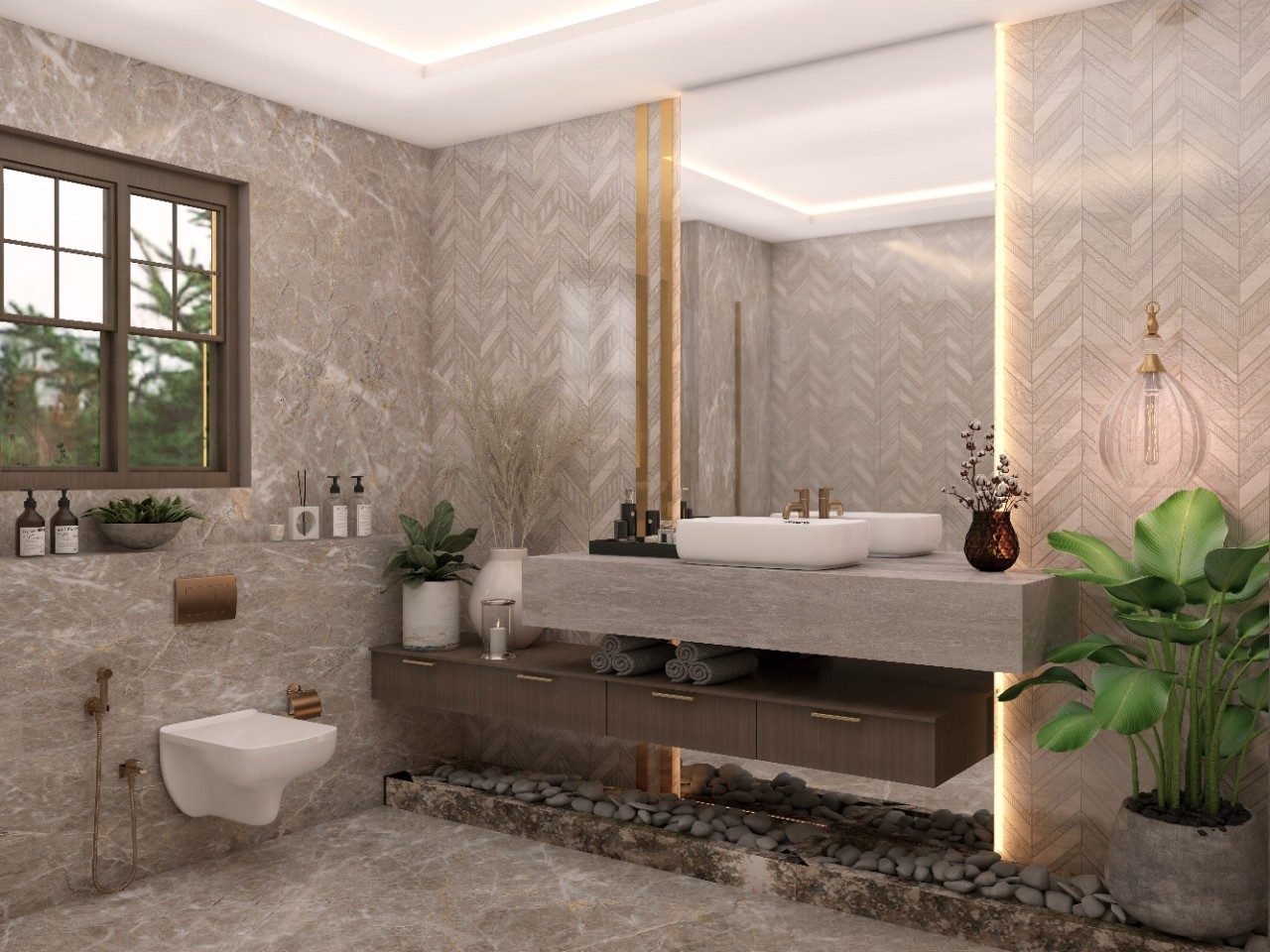 Modern contemporary bathroom with beige patterned tiles and wall mounted vanity - Beautiful Homes