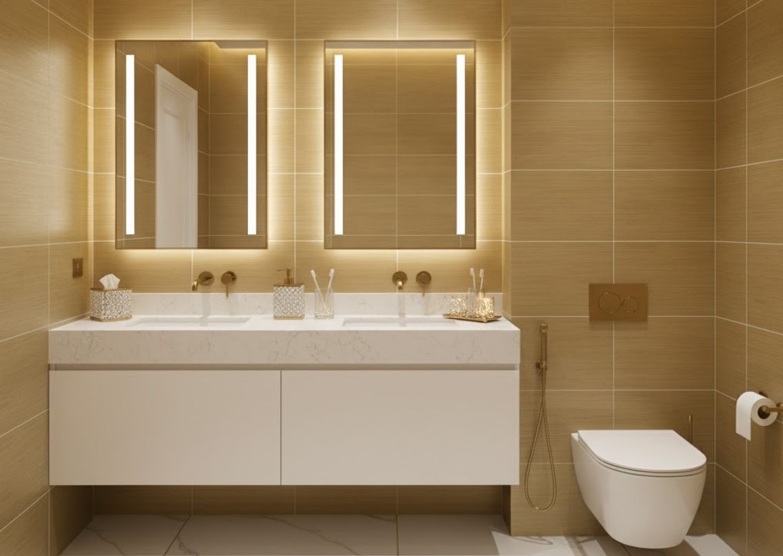 Modern bathroom with beige tiles and double vanity - Beautiful Homes