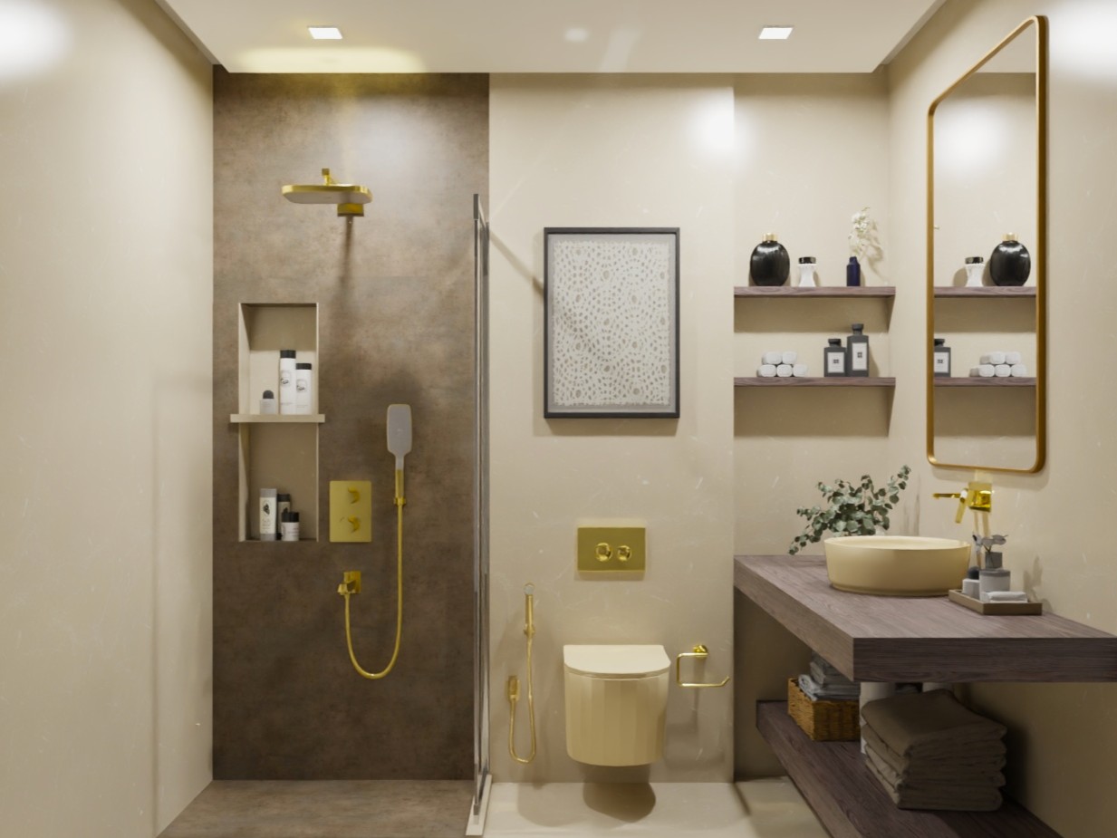 Luxurious bathroom with gold fixtures and modern design - Beautiful Homes