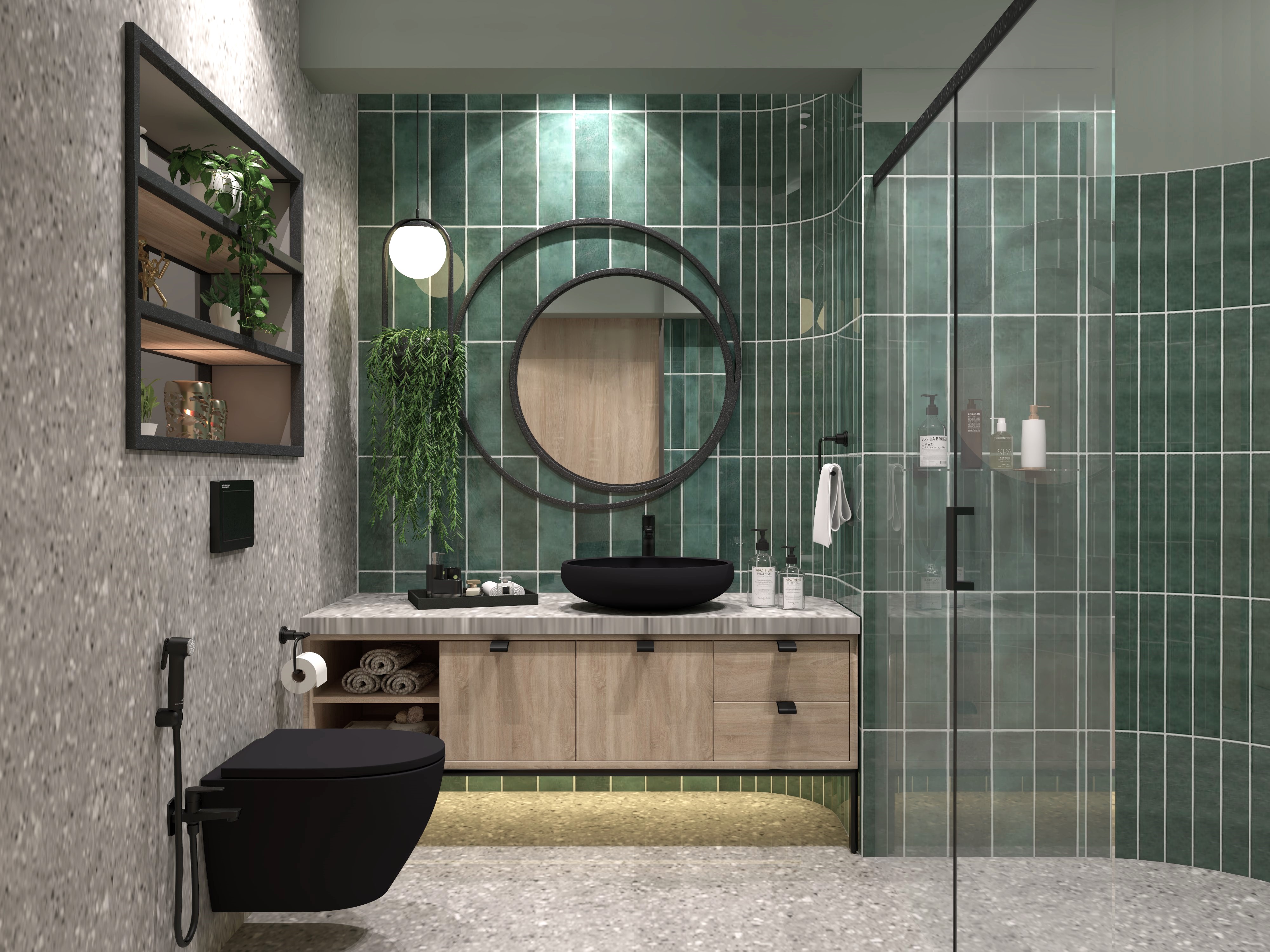 Green-tiled bathroom with wooden vanity and black fittings - Beautiful Homes