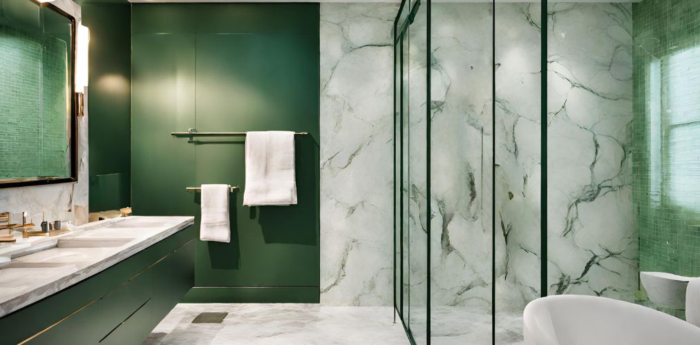 Modern green and white bathroom with shower and marble flooring-Beautiful Homes