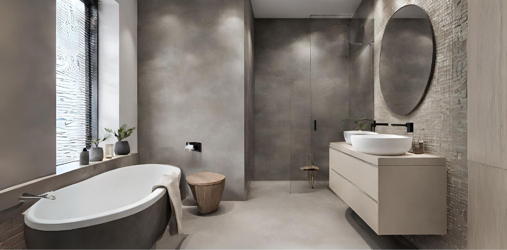 Modern grey and beige bathroom with round mirror-Beautiful Homes