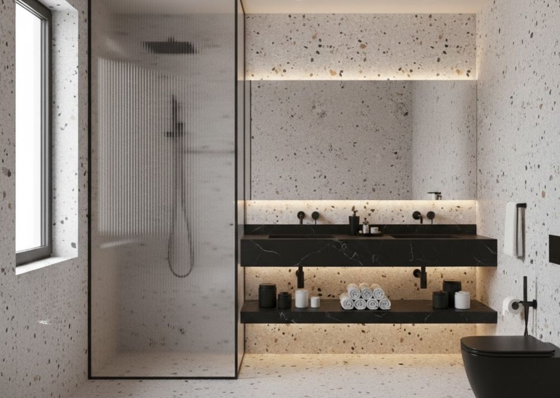 Modern bathroom with terrazzo tiles and glass shower partition - Beautiful Homes