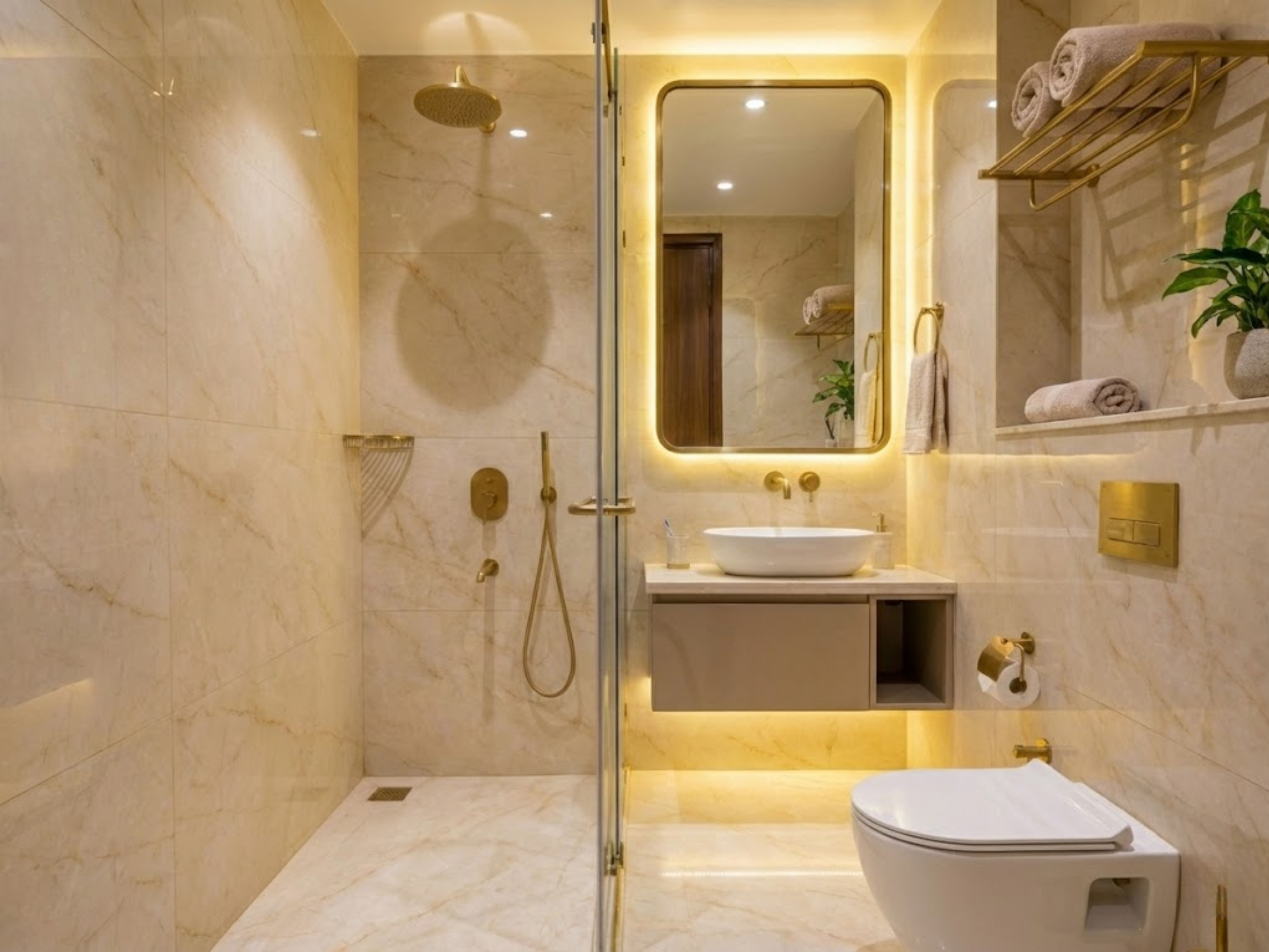 Modern bathroom with marble walls and gold fittings - Beautiful Homes