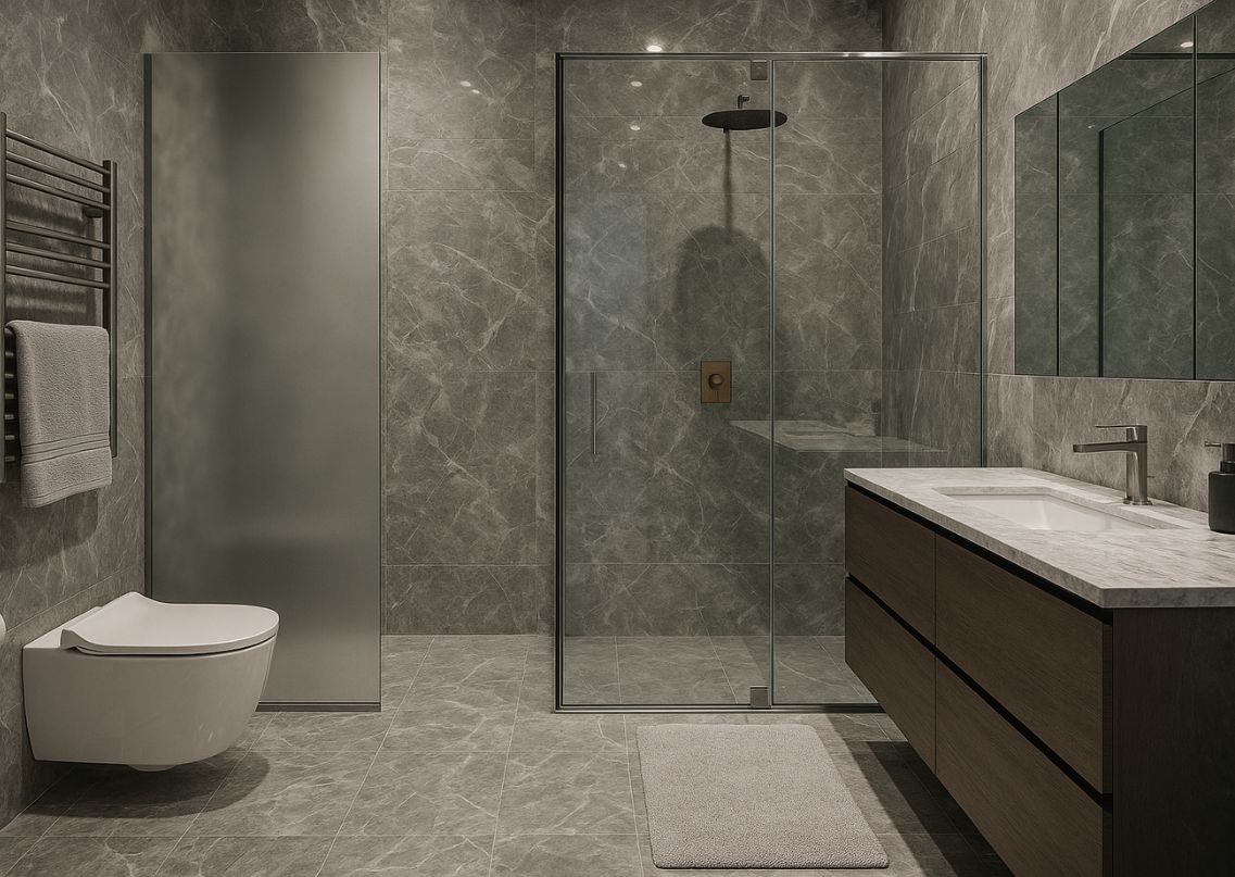 Modern bathroom with grey tiles and glass shower - Beautiful Homes