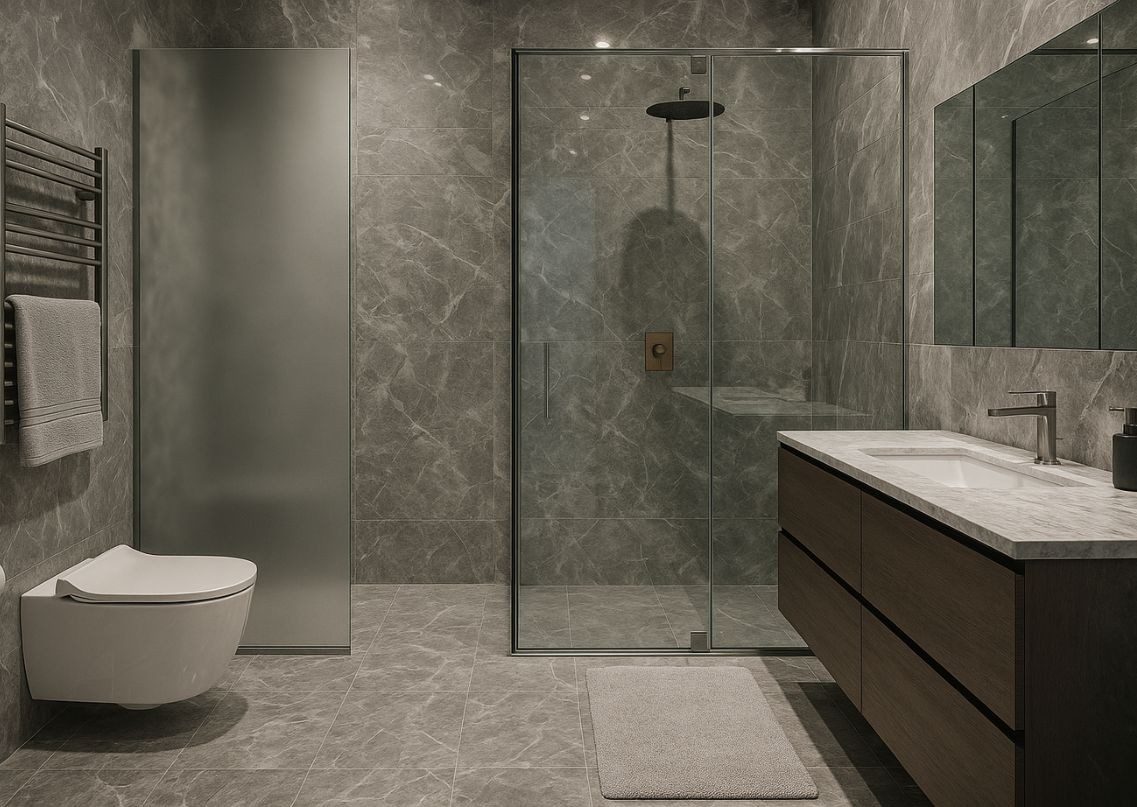 Modern bathroom with grey tiles and glass shower - Beautiful Homes