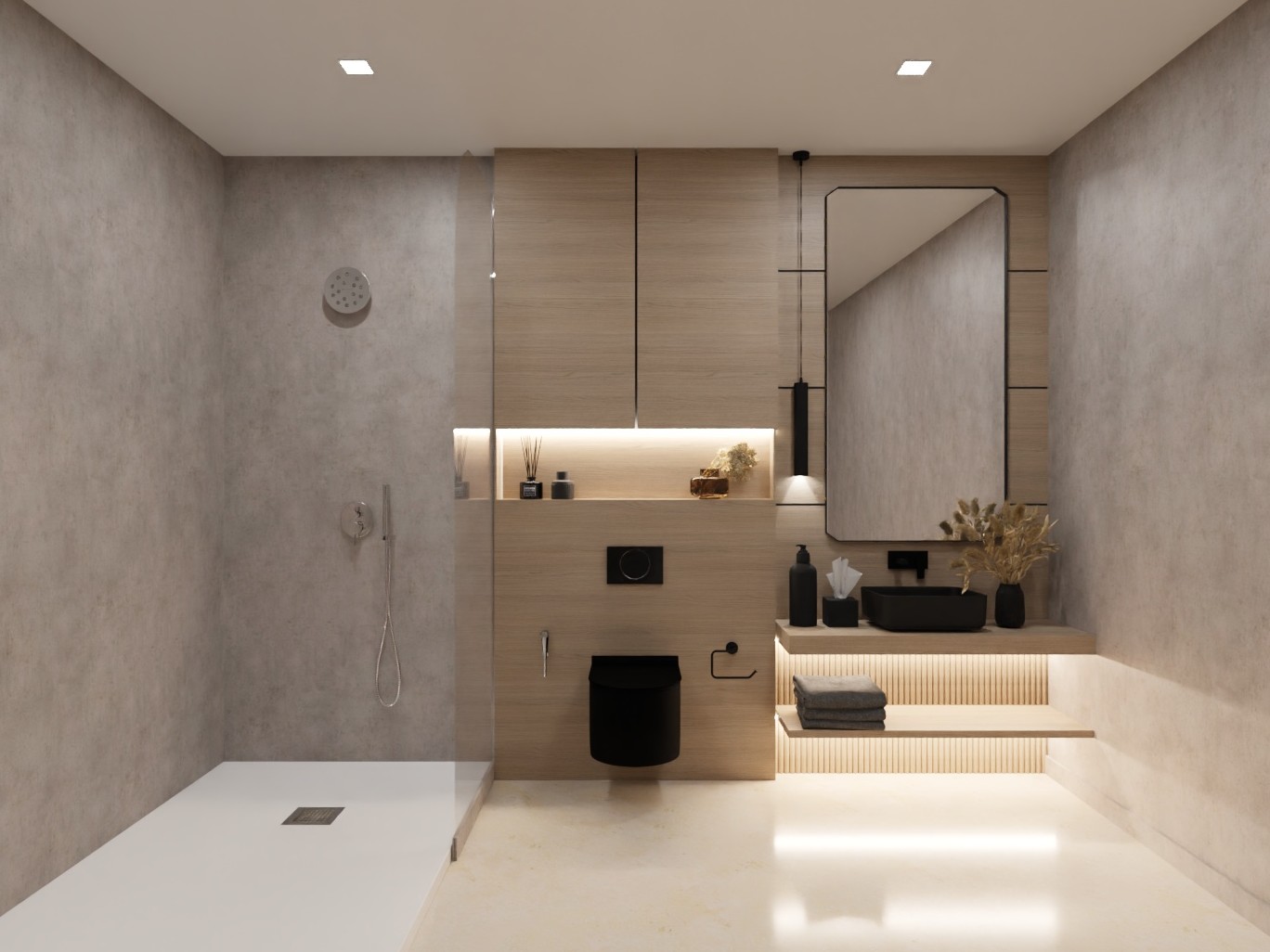 Modern bathroom with wooden cabinets and walk-in shower - Beautiful Homes
