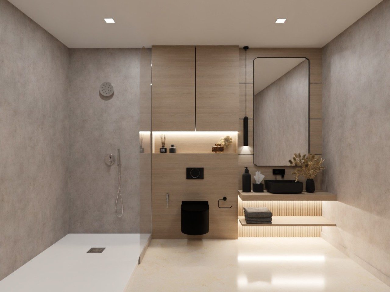 Modern bathroom with wooden cabinets and walk-in shower - Beautiful Homes