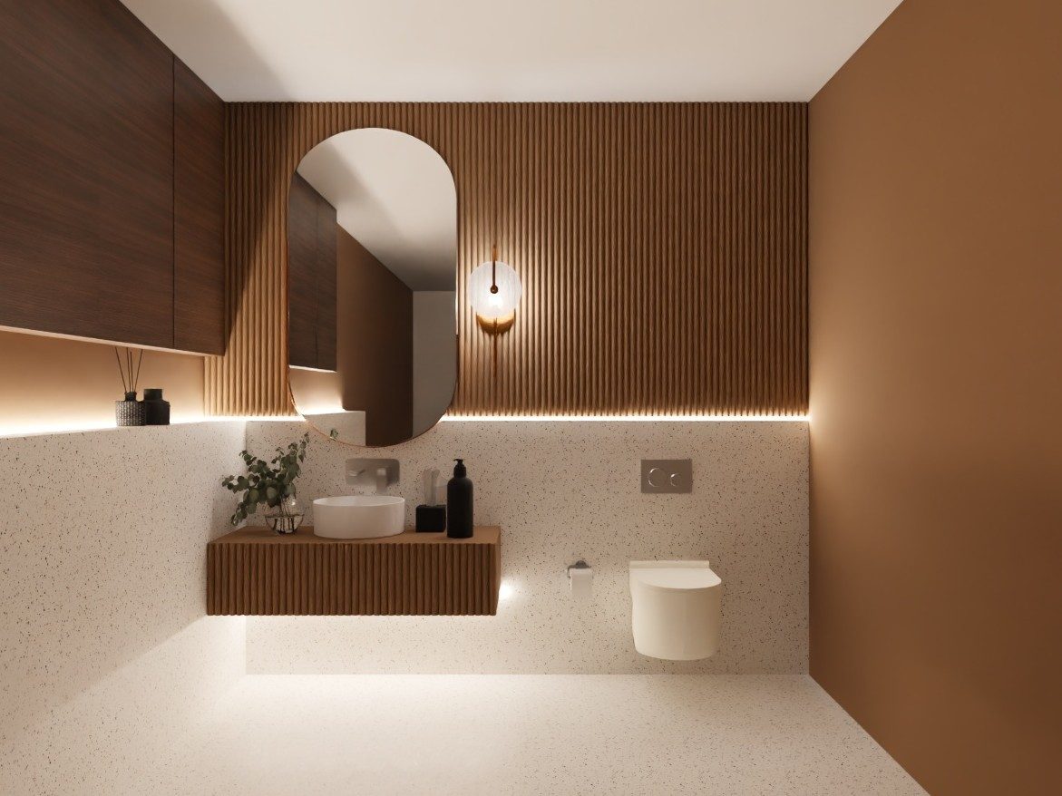 Modern bathroom with wooden panels and terrazzo tiles - Beautiful Homes