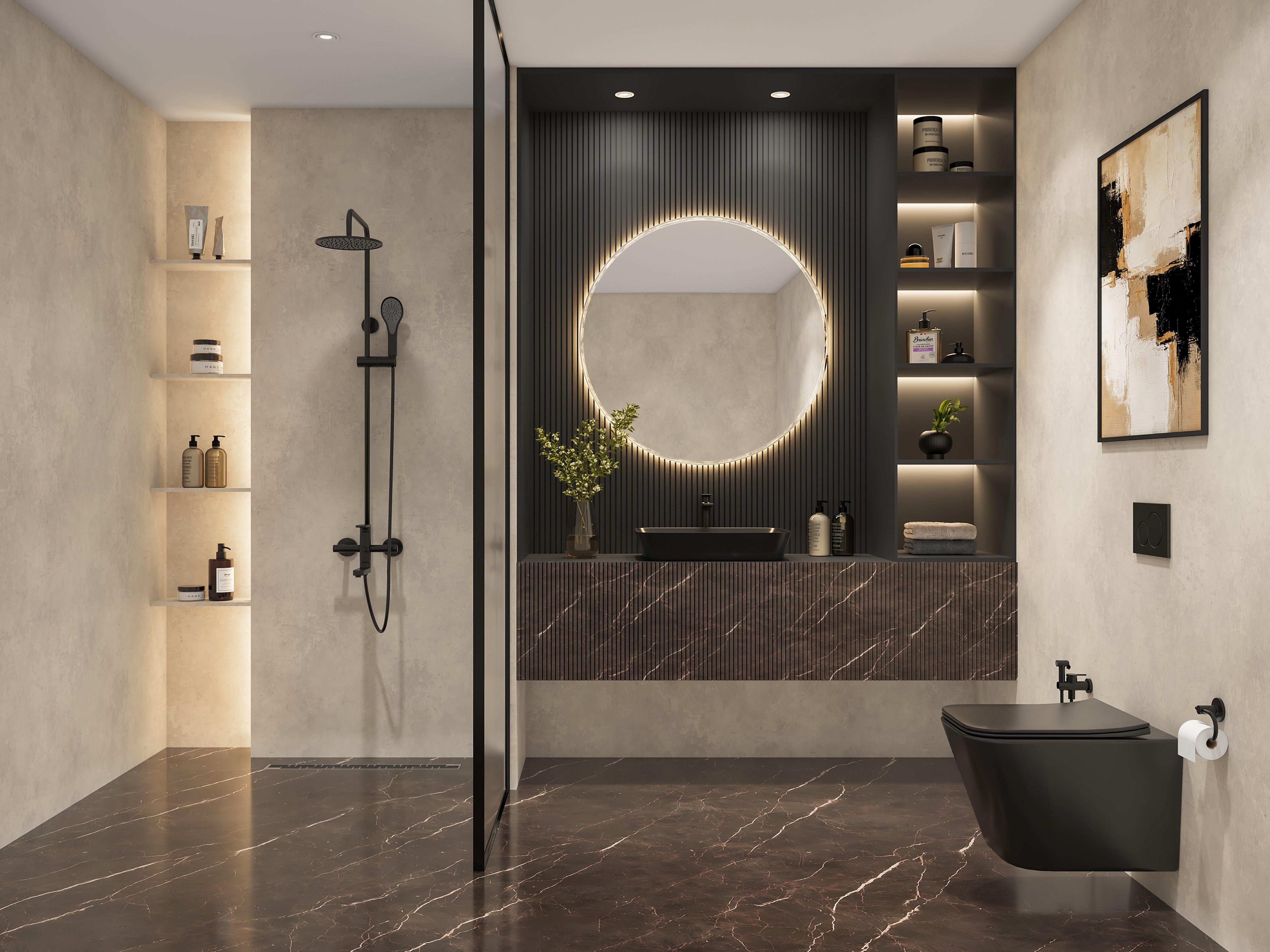 Modern bathroom featuring a backlit mirror, marble flooring, and matte black accents - Beautiful Homes
