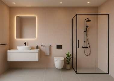 Modern bathroom with glass shower and beige décor - Beautiful Homes