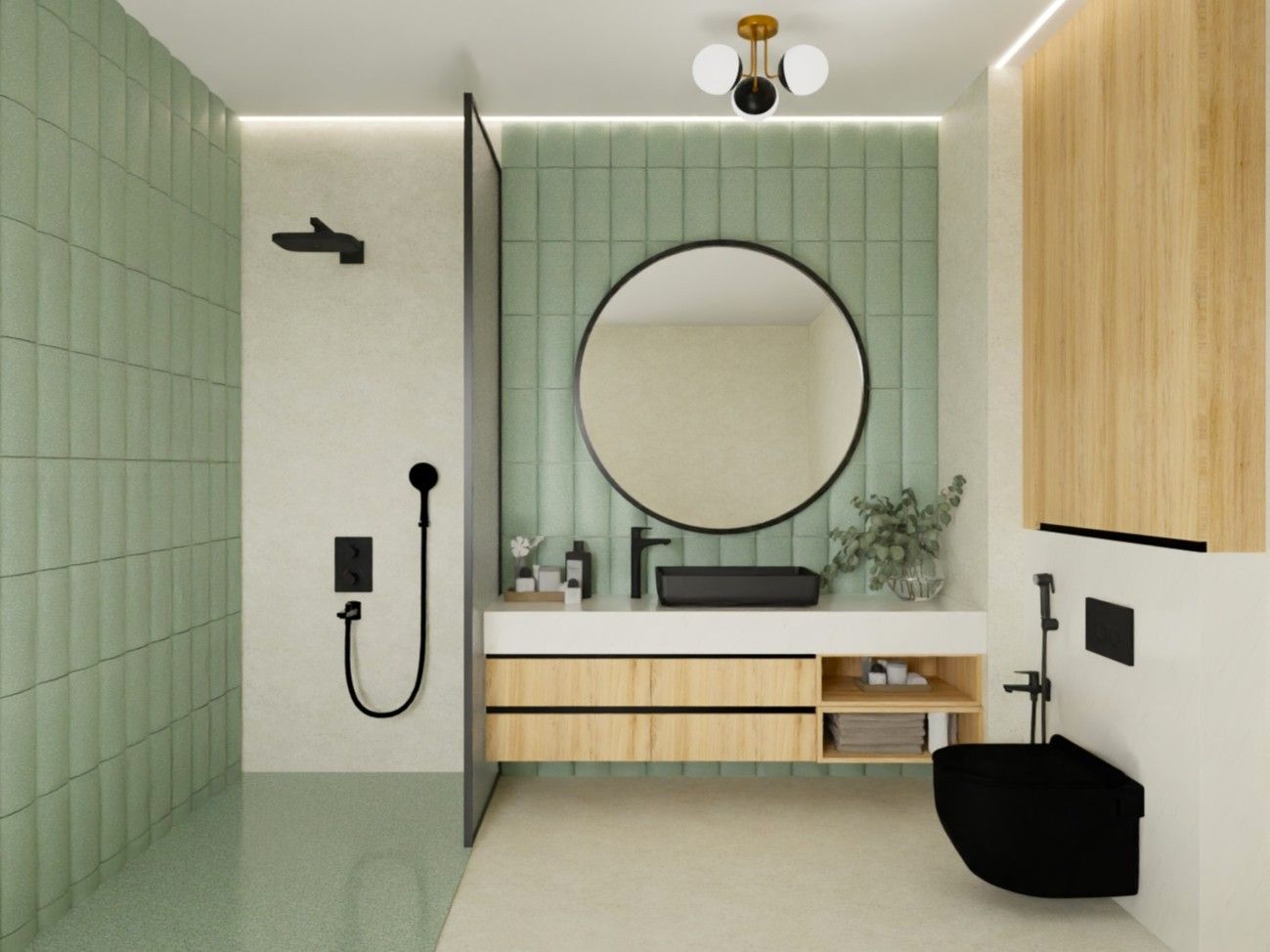 Minimalist bathroom featuring green tiles, black fixtures, and a floating vanity - Beautiful Homes