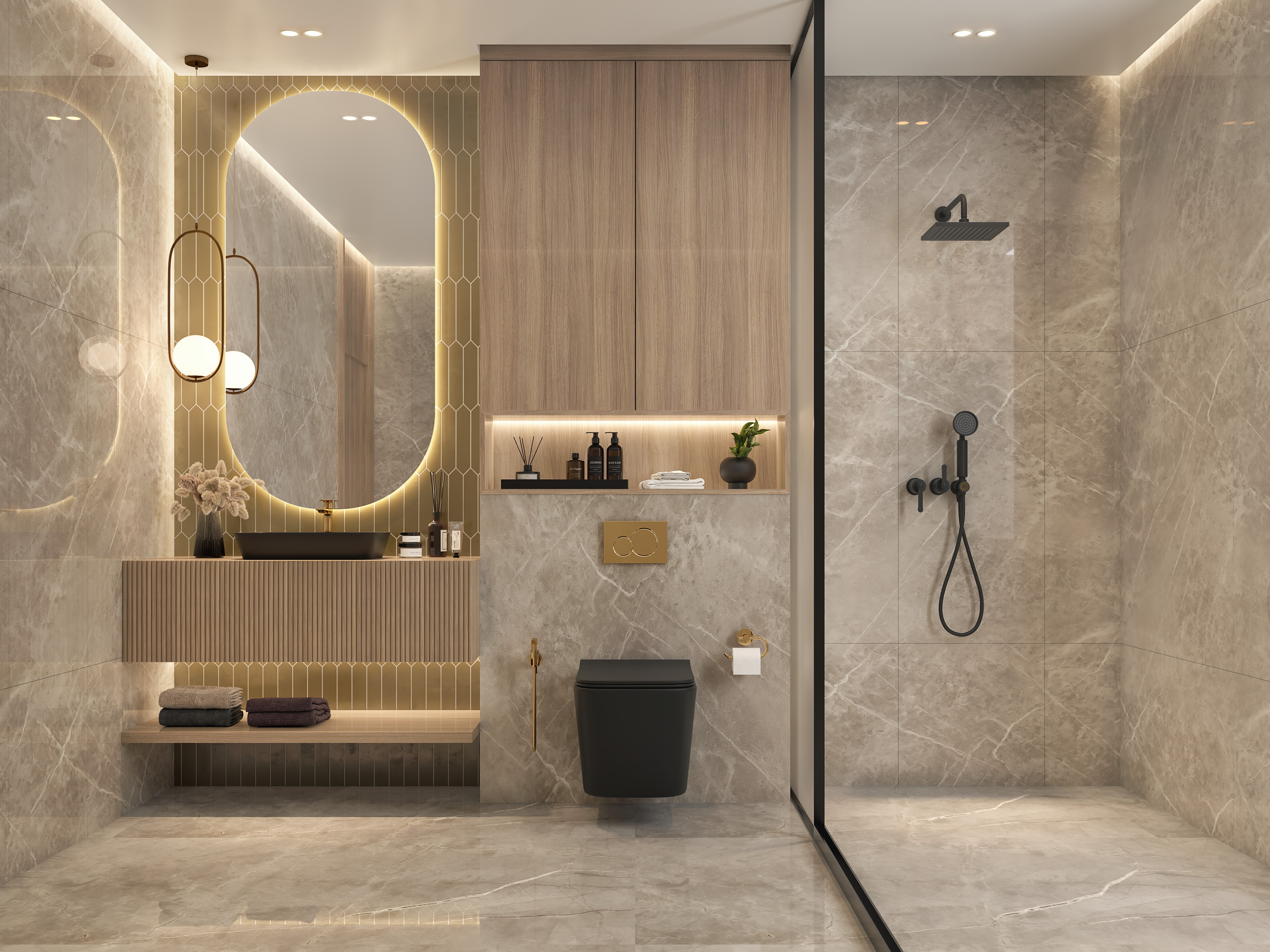 Modern bathroom with marble tiles and gold fittings - Beautiful Homes