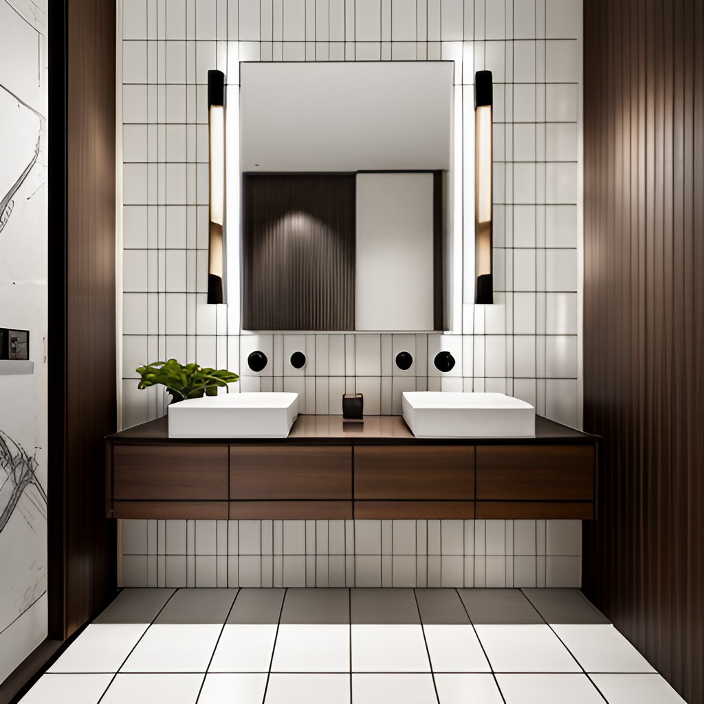 Modern powder room with white tiles and wooden counter-BeautifulHomes