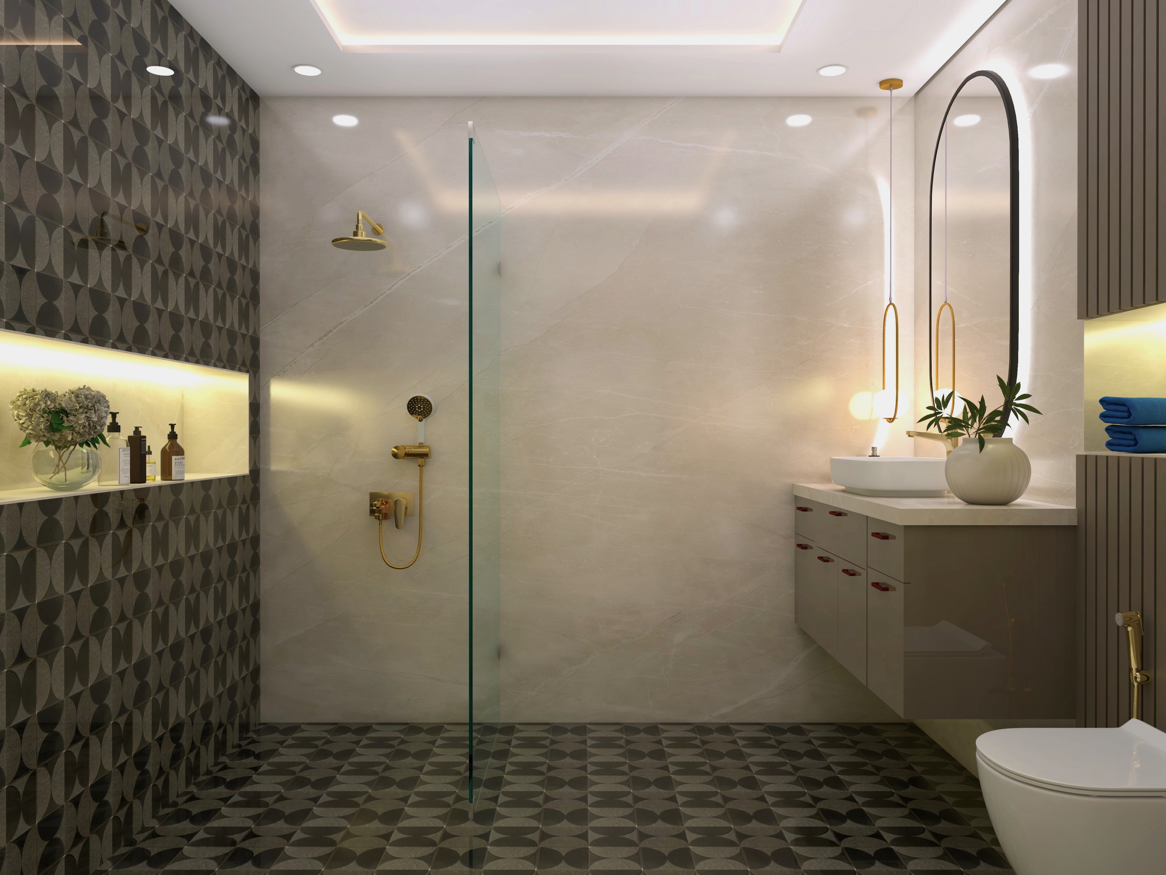 Modern shower panel with marble and dark green printed floor tiles - Beautiful Homes
