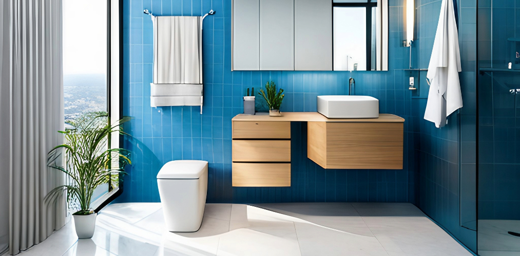 Modern white and blue bathroom with western toilet-Beautiful Homes