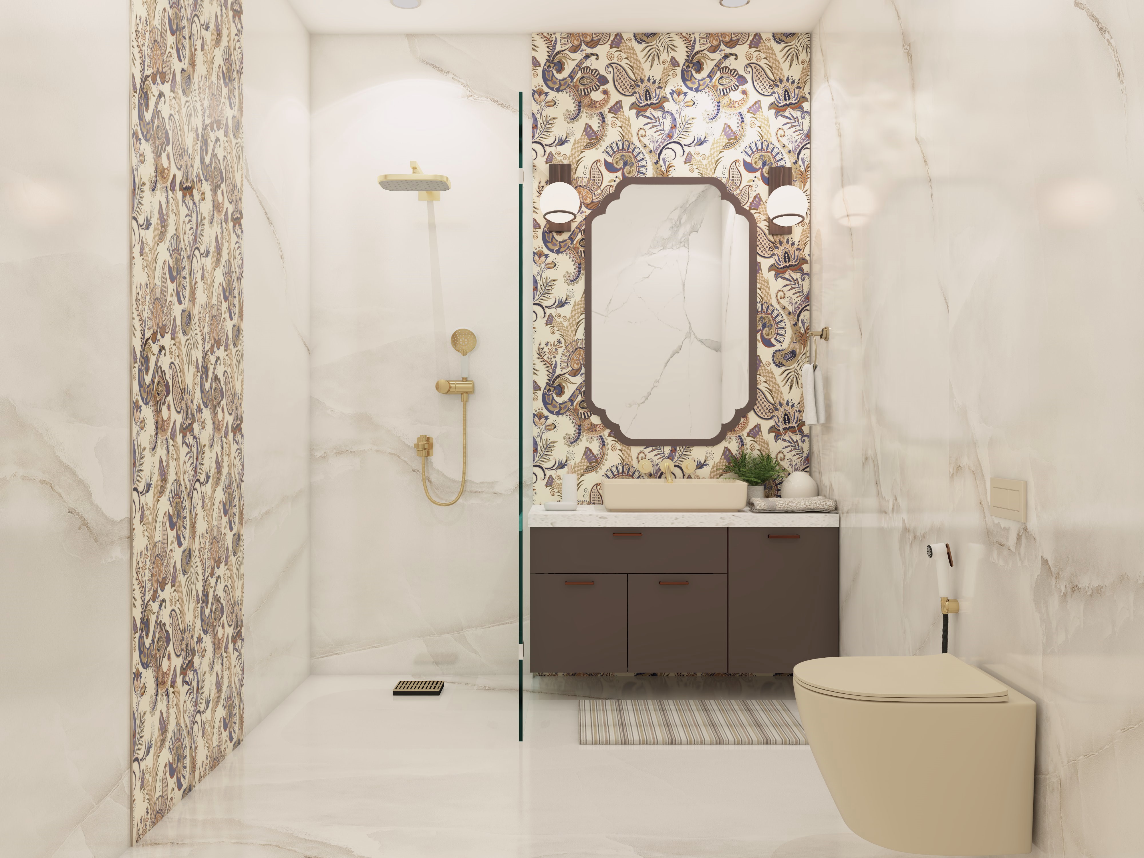 Modern white bathroom with Asian Paints wallpaper tiles and white teak wall lights - Beautiful Homes