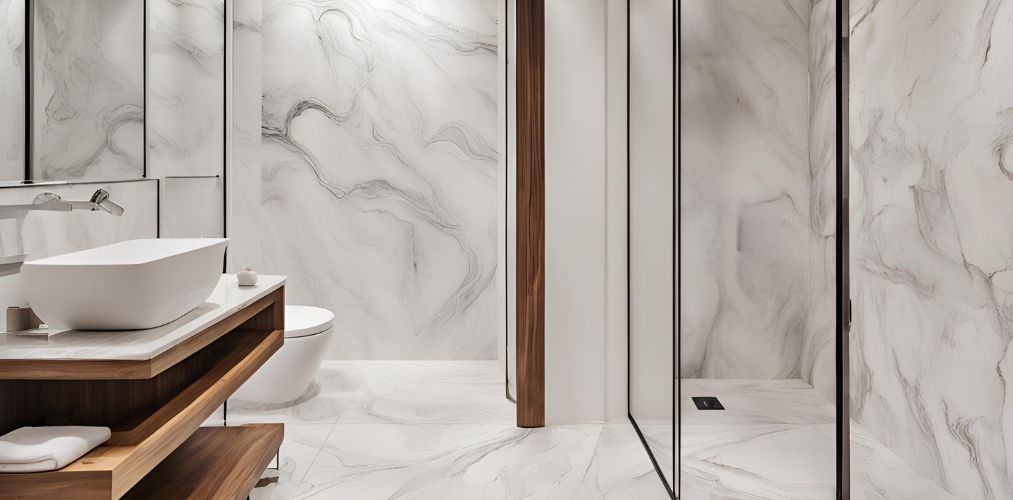 Modern white marble and wood bathroom with glass partition - Beautiful Homes