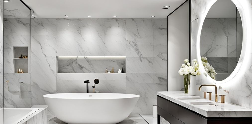 Modern white marble bathroom design with vanity and bath tub - Beautiful Homes