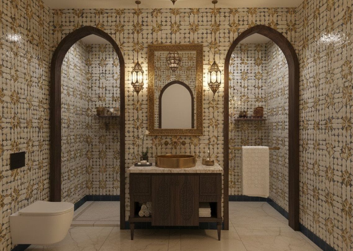 Bathroom with gold-patterned tiles and warm lighting - Beautiful Homes