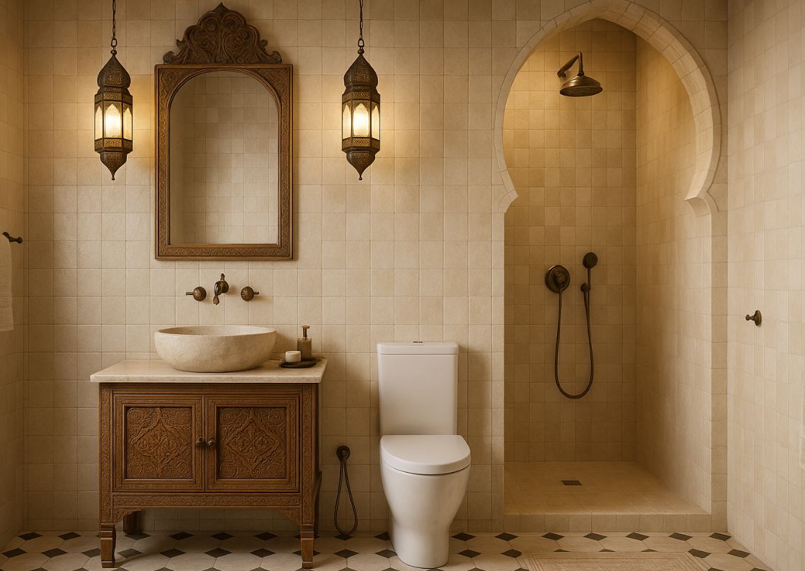 Moroccan bathroom with arched shower and vintage décor - Beautiful Homes