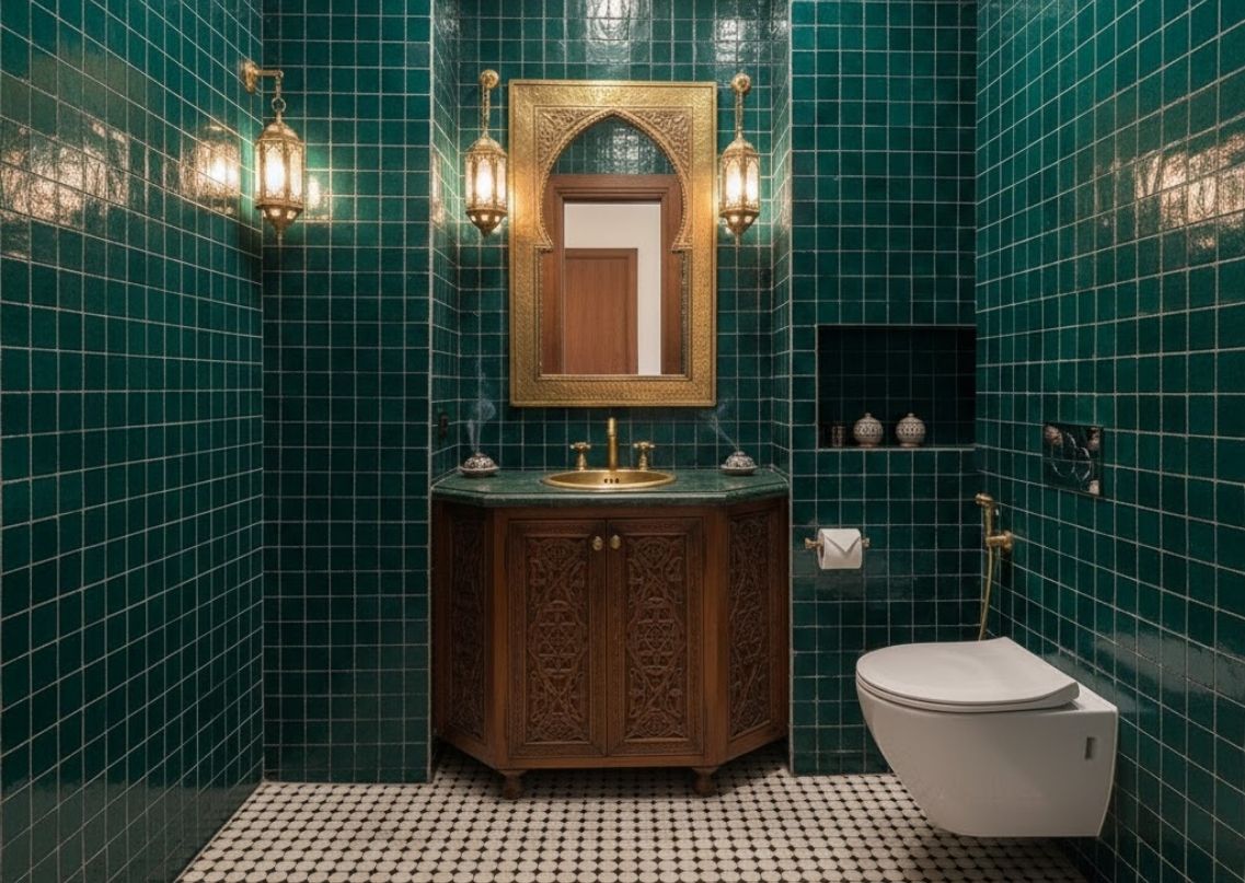 Bathroom with green tiles and gold accents - Beautiful Homes
