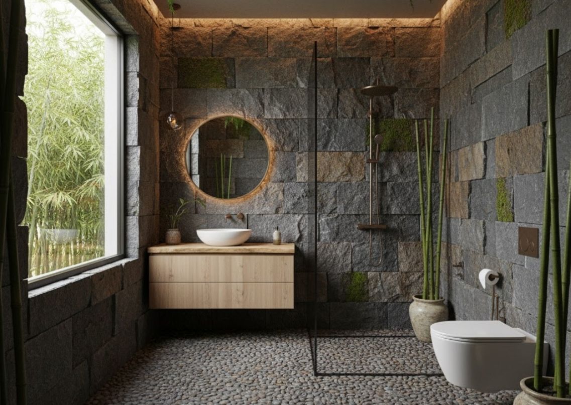 Modern bathroom with wooden vanity and greenery - Beautiful Homes