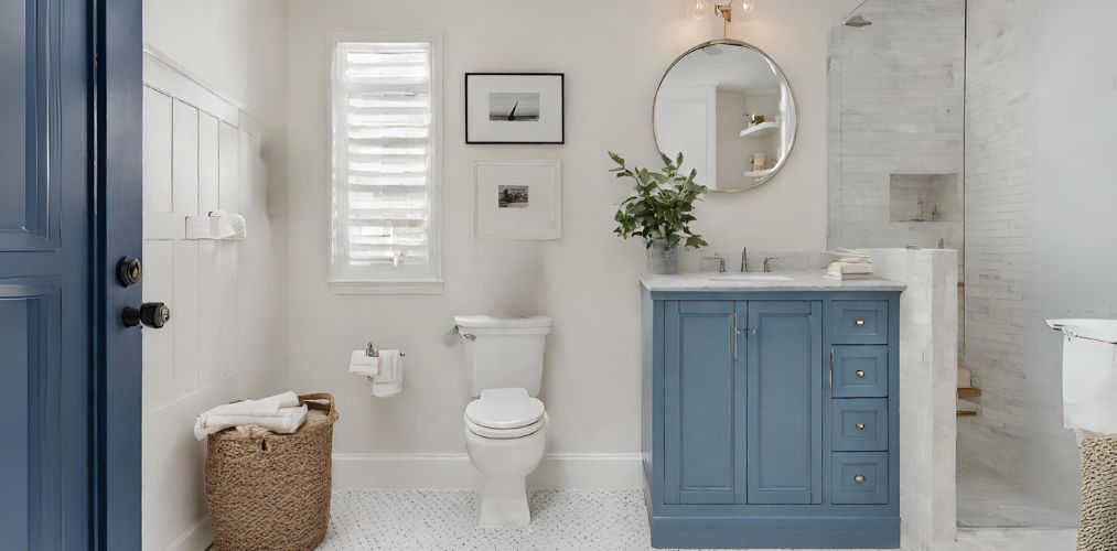 Off-white simple bathroom with blue vanity-Beautiful Homes