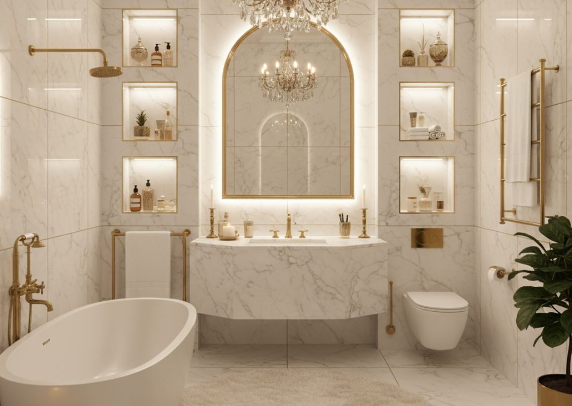 Luxury marble bathroom with gold accents and chandelier - Beautiful Homes