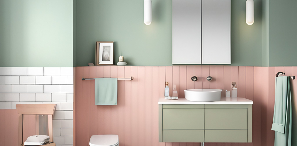 Green and pink bathroom with countertop basin and western toilet-Beautiful Homes