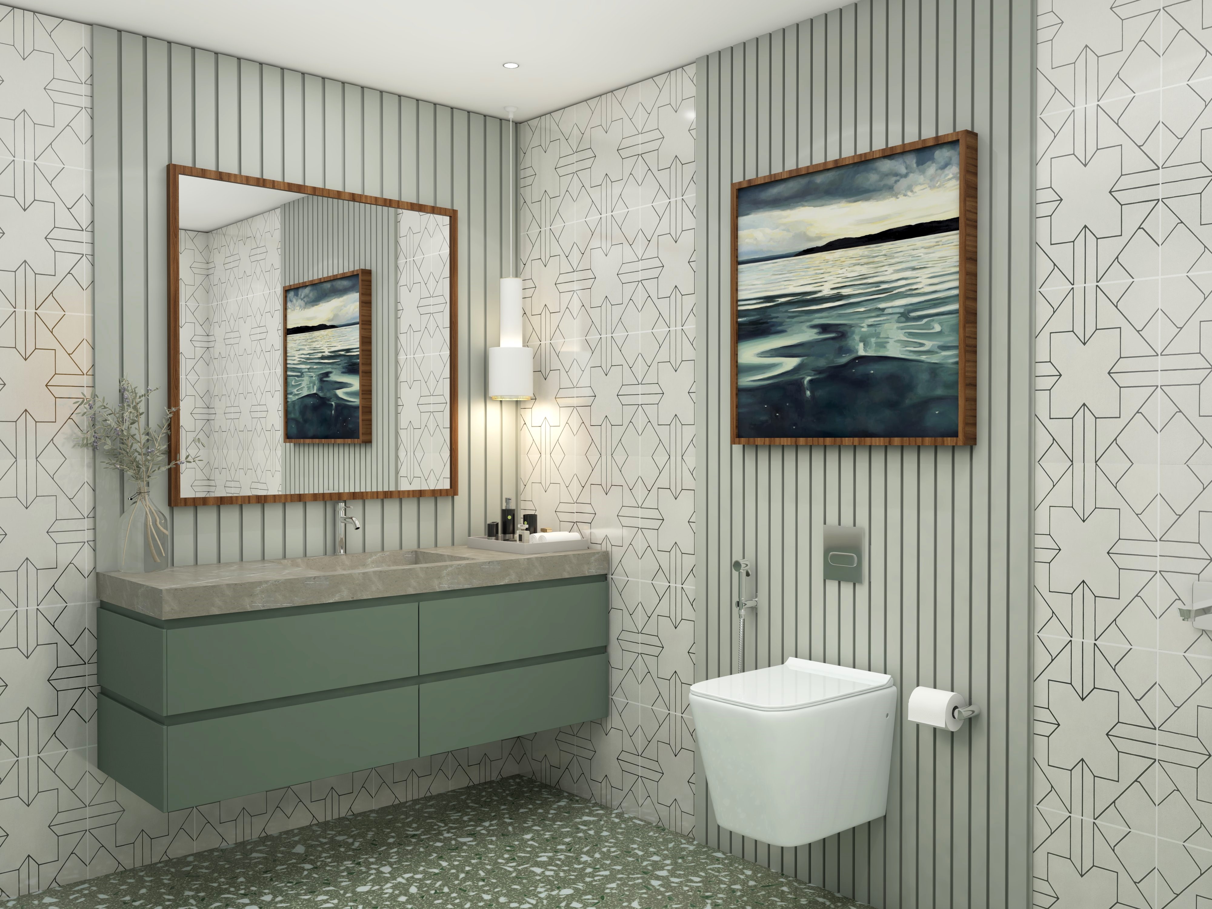 Pastel green vanity unit with fluted paneling and white printed tiles - Beautiful Homes