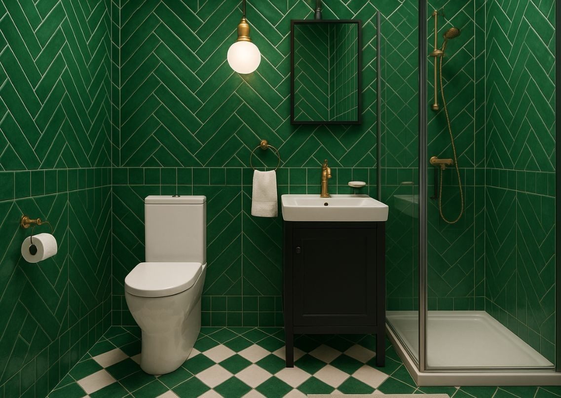 Bathroom with green tiles and gold fixtures - Beautiful Homes