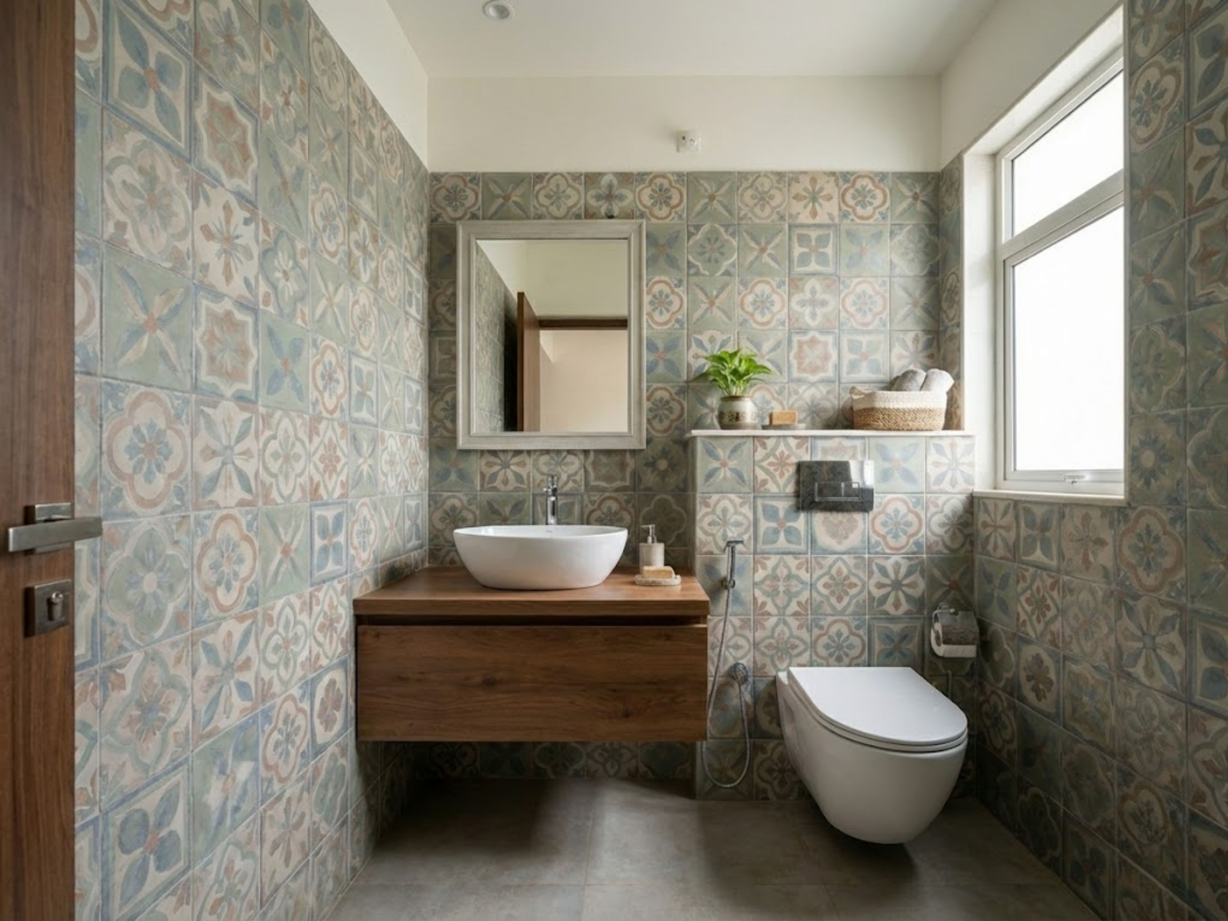 Bathroom with patterned tiles and floating vanity - Beautiful Homes